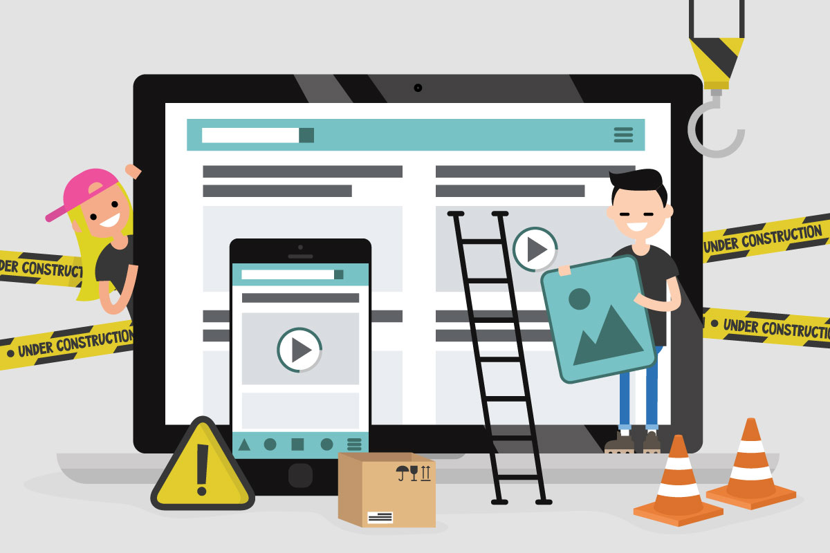 Cartoon des Website-Aufbaus mit Arbeitern, Laptop, Telefon, Zapfen und Kundenservice-Hinweis.