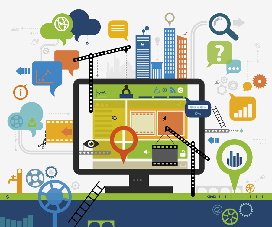 illu-webseitenbau-hsag-farben Computer mit Diagrammen, Zahnrädern und Werkzeugen, die die Website-Entwicklung symbolisieren.