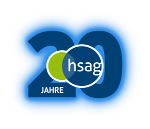 Blaues Logo mit 20 Jahren und hsag in überlappenden Kreisen.