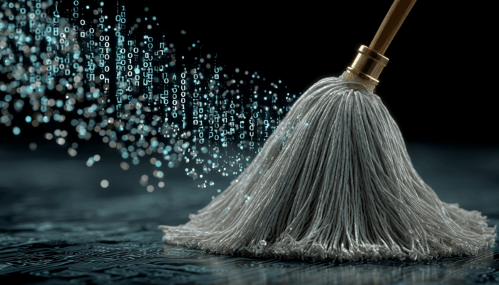 Ein Wischmopp, der digitalen Code von einer Leiterplatte wegwischt, symbolisiert die Datenbereinigung.