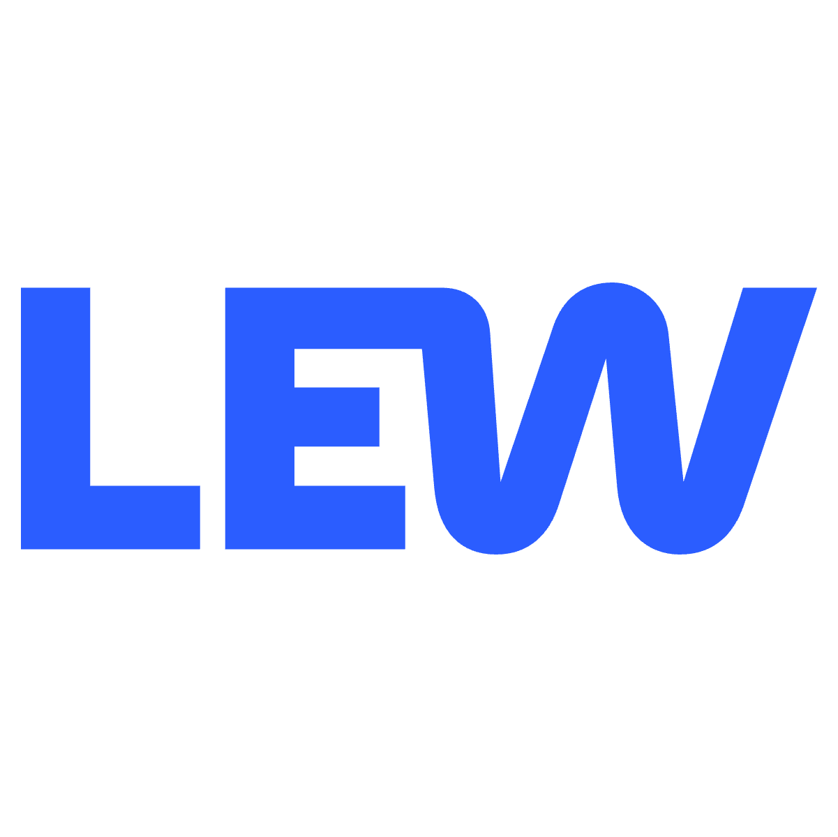 Blaue Großbuchstaben LEW auf weißem Hintergrund.