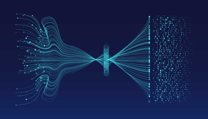 Abstrakte Visualisierung von Daten, die durch einen Trichter fließen und einen Binärcode auf dunklem Hintergrund bilden.